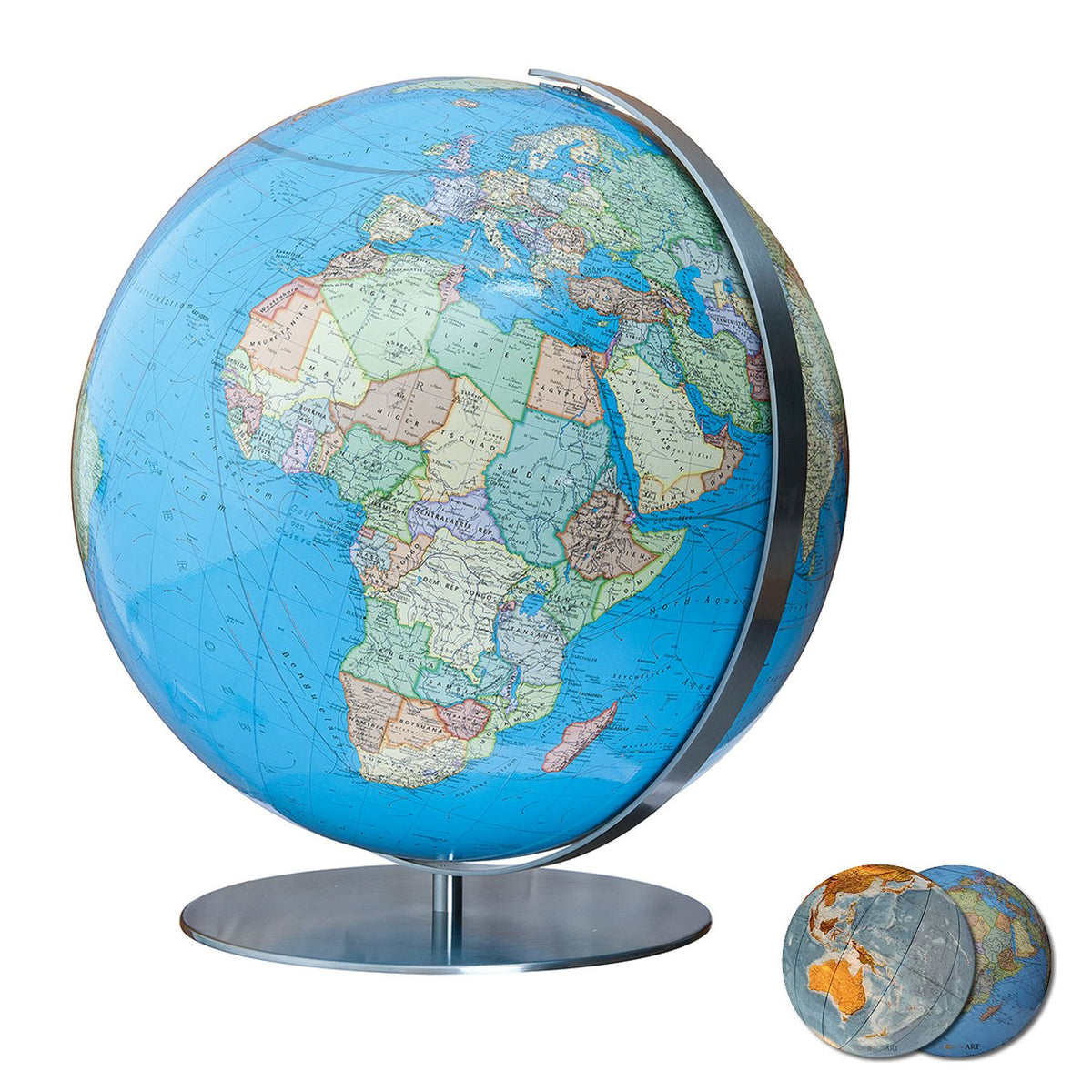 Columbus DUO Illuminated Desk Globe, 400 mm Diameter, Stainless Steel, illuminated